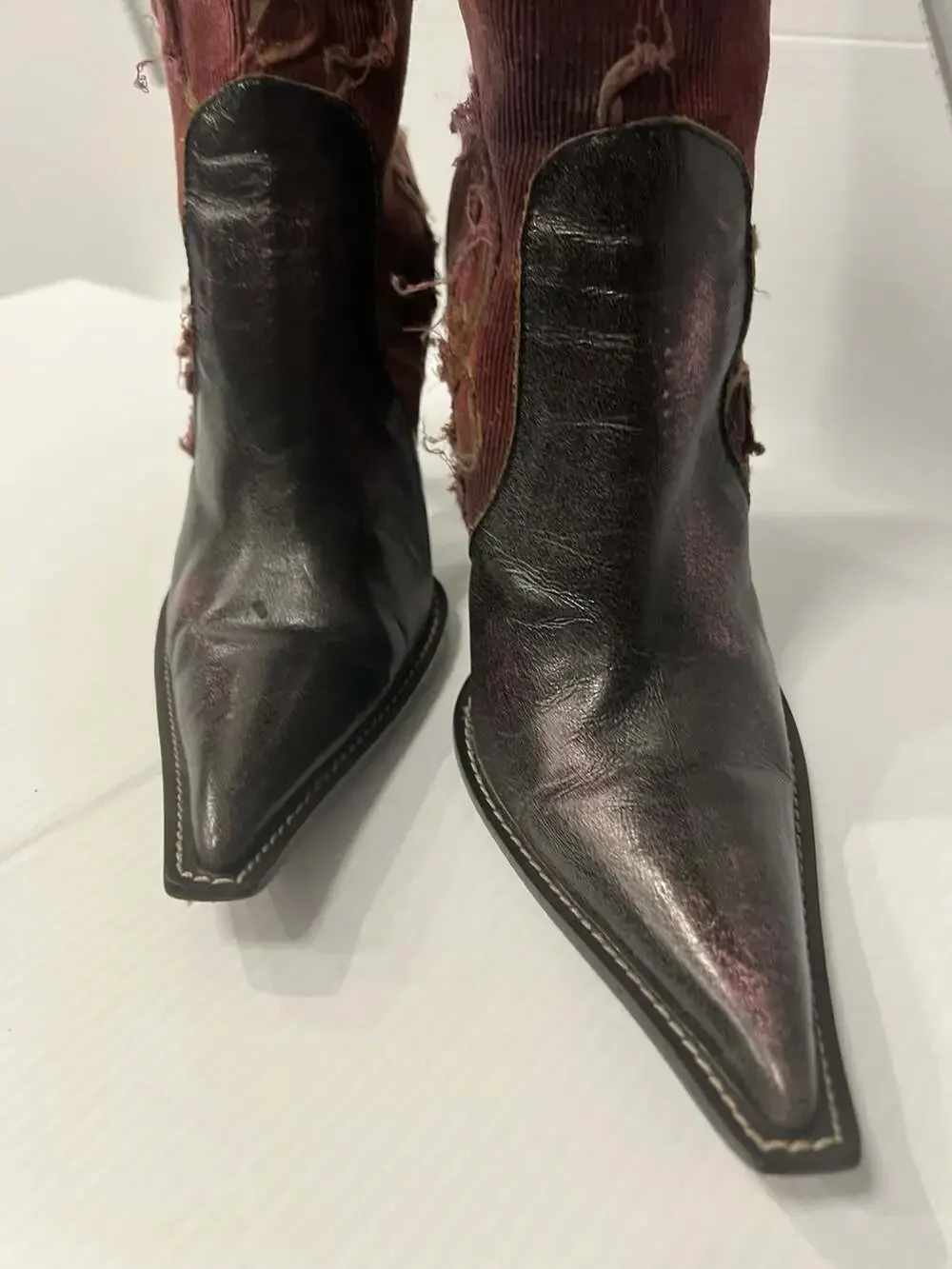 Vintage Italian Artisan Distressed Corduroy and Leather Pointed Toe Boots - Picture 3 of 7